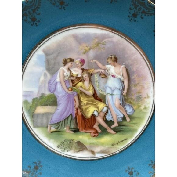 Victoria Austria Sevres Style Kaufmann Watteau Scene Plate Celeste Blue 22K Gold - Picture 2 of 11